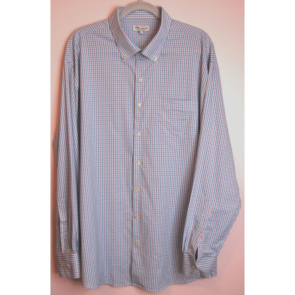 PETER MILLAR Size 2XL Mens Summer Comfort Button Front Shirt Blue/Purple Plaid